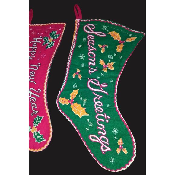 Mcm 1950s Original Set Of 2 Christmas Stockings Seasons Greetings Happy New Year - Picture 2 of 13